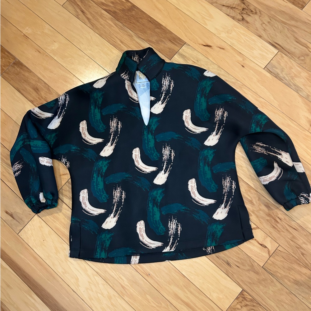 Emily McCarthy Popover Top S Abstract Brushstroke Print Black Green Blouse